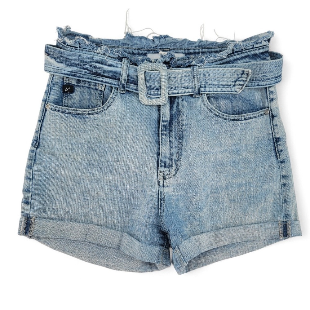 KanCan‎ High Rise Paperbag Denim Shorts Size 7 Belted Light Wash Cottagecore Y2K